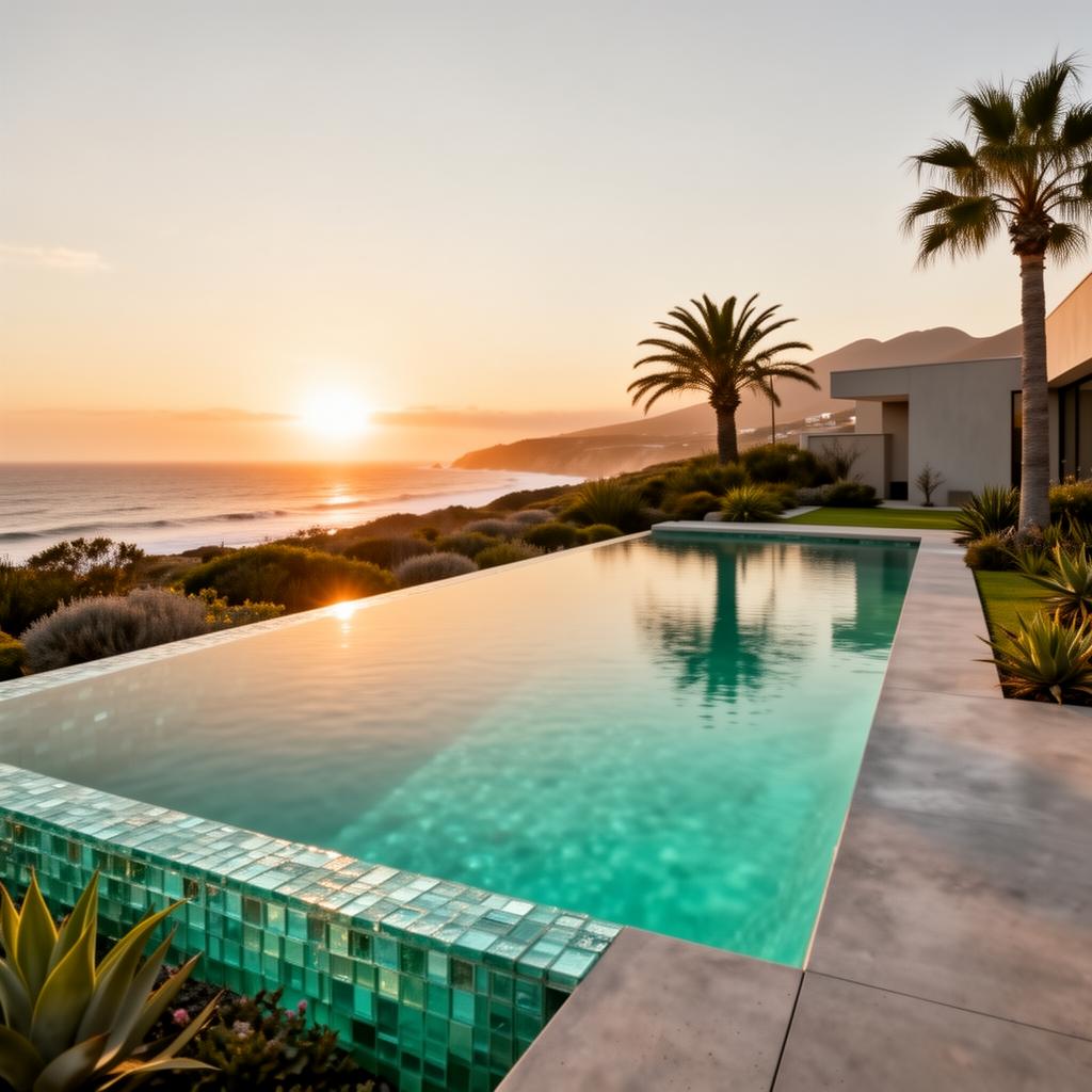 AI-rendered preview of an infinity-edge swimming pool in a Gqeberha (Port Elizabeth) coastal backyard at golden hour